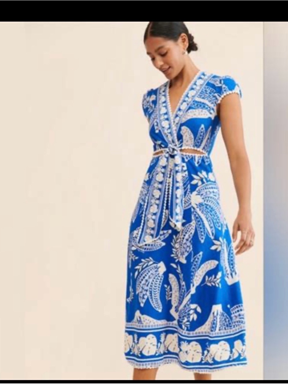 FARM Rio Blue and White Lace Banana Print Midi Dress XS NWT - Picture 4 of 6